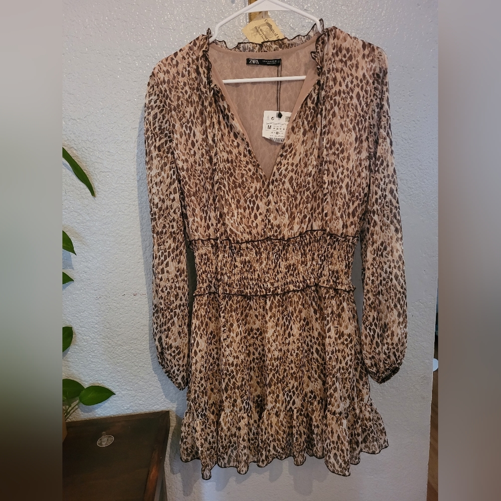 NWT Zara Leopard Print Brown Dress Size Medium